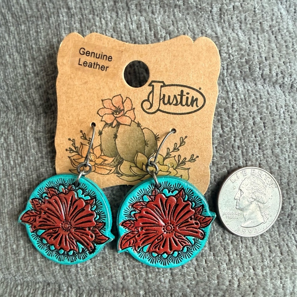 Justin Boots Turquoise and Red Leather Earrings - Picture 2 of 3